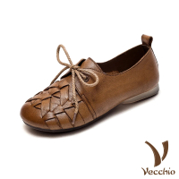 【Vecchio】真皮跟鞋 低跟跟鞋 交叉跟鞋/真皮頭層牛皮復古交叉編織綁帶舒適低跟鞋(卡其)