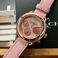 COACH38mm圓形玫瑰金精鋼錶殼玫瑰金色錶盤真皮皮革粉紅錶帶款CH00172