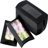 50Pcs Black Kraft Paper Pillow Box with Clear Window Candy Packaging Box for Birthday Parties Baby Showers and Wedding Party