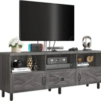 Mid-Century TV Stand for 70/65/60/55 inch, Boho Wood TV Table Farmhouse Media Console with Storage Cabinet and Open Shelves