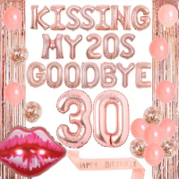 Cheereveal 30th Birthday Decorations for Women Rose Gold Kissing My Twenties Goodbye Foil Balloon Birthday Sash Fringe Curtains