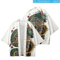 Summer Cartoon Dragon Samurai Printed White Kimono Cropped Pants Set Women Men Japanese Haori Streetwear Cardigan Yukata Cosplay