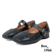Ben&amp;1966高級柔軟羊皮方頭舒適格紋低跟瑪莉珍鞋-黑(238031)