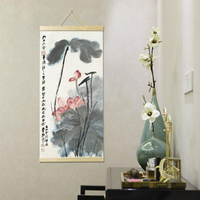 新中式水墨荷花禪意卷軸掛畫書房過道茶室豎版實木軸中國風裝飾畫