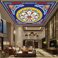 藏式吊頂墻紙吉祥八寶天花板壁畫古典圓頂唐卡佛堂屋頂寺廟壁紙