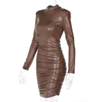 Pencil Dress Ruched Windproof High-Waist Sexy Faux Leather Mini Stretchy Bodycon Dress Bodycon Dress Streetwear
