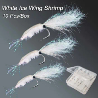 10Pcs/Box White Ice Wing Shrimp Fly Bait Saltwater Freshwater Flies Bass Trout Salmon Lure Bait Hook 4#6#8#10#12#