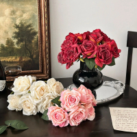 Oil painting style vintage burnt-edge rose artificial flower bouquet for living room and dining tabl
