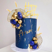 【Crystal】    Boho Cake Topper Gold Blue Balls Cake Decorations Palm Leaves Boho Grass for Wedding Bi