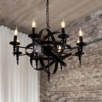 Nordic Vintage Black Round Living Room LED Chandelier Iron Cafe Bar Dining Chandelier Interior Lighting Decorative Candles