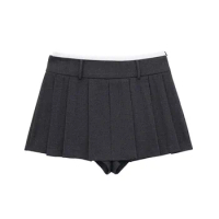 TRAFZA 2024 Women Pantskirt Contrast Skort Woman Streetwear Short Skirts Box Pleated Skirt Women High Waist Mini Skirts