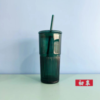 海外星巴克杯子2023墨綠色女神立體紋款冷用玻璃吸管大容量桌面喝水杯550ml