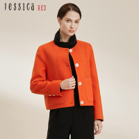 JESSICA RED - 百搭簡約口袋圓領短版羊毛外套824609（橘）