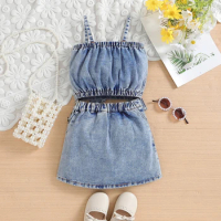 Little Girl Denim Outfit Bow Square Neck Spaghetti Strap Tops Split Hem Skirt Summer 2 Piece Set for Toddler