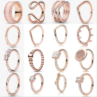 Rose Gold 925 Silver Ring Sparkling double Heart Ring Princess Wish Bone Heart Ring Women's Pandora Ring Fine jewelry