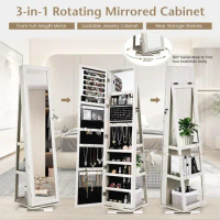 FANTASK 360°Rotating Jewelry Cabinet, Lockable Standing Jewelry Organizer w/ Full Length Mirror, Inside Mirror &amp; Rear Storage