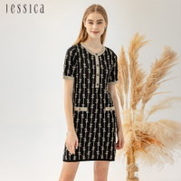 JESSICA - 優雅顯瘦蝴蝶結印花短袖針織洋裝22417C（黑）