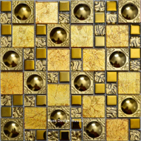 European Style 3D Luxury Golden foil Crystal Glass Metal Flower Mosaic Tiles for kitchen backsplash sticker bathroom floor tiles