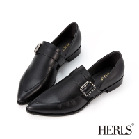 【HERLS】樂福鞋-時髦全真皮側V橫帶釦環尖頭樂福鞋(黑色)