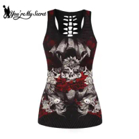 [You're My Secret] Women Sexy Summer Hollow Top Gothic Skull Rose Print Vest Hollow Out Punk Tank Tops Female Elastic Tops