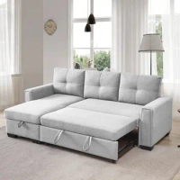 91.7'' Light Grey Pull-Out Sleeper Bed,3-Seater Modular Fabric Convertible Reversible Sleeper Sectional Sofa with Storage Chaise