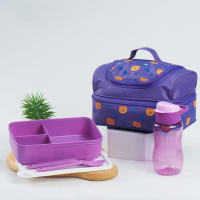 Tas Dengan Tempat Bekal Makan Botol Free Sendok Garpu Lunch Box Smiley - Ungu