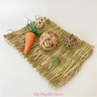 Rabbit Chew Toy Rabbits Hays Treat Handwoven Grass Ball Grass Carrot Toy with Mat for Chinchilla Teeth Cleaning Cage Decor