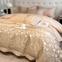 Golden Relief Jacquard Bedding Set King Queen Size Polyester/Cotton Embroidery Duvet Cover Bed Sheet Pillowcases Mattress Cover