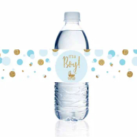 15pcs Light Blue Gold Glitter Boy Baby Shower Water Bottle Label Stickers