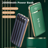 20000mAh Power Bank Wireless Charge Powerbank Portable Charger with Cable LED Digital External Battery for iPhone Xiaomi Huawei