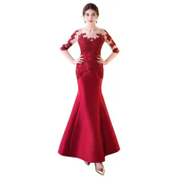 Long Party Gowns Red Mermaid Evening Dress Half Sleeve Appliques Elegant Vestido Long Prom Gowns