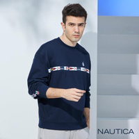 【NAUTICA】男裝 時尚旗語織帶設計刷毛大學T(深藍)