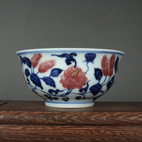 明宣德青花釉里紅手繪麒麟紋茶碗古董古玩陶瓷器仿古老貨收藏品