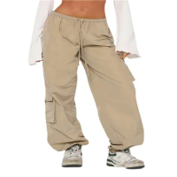 Fashion Women's Pants Orange Drawstring Pocket High Waist Sports