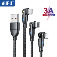 AUFU 3A Fast Charging Cable Type C For Samsung 180 Rotation IPhone Cable Micro Usb Charger Data Cord For Xiaomi Realme Poco F3