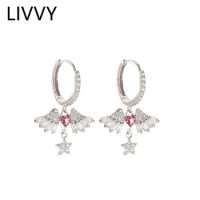 LIVVY Silver Color Earrings Pink heart shaped crystal zircon Angel's Wings for Women Charm Trendy Jewelry Earrings