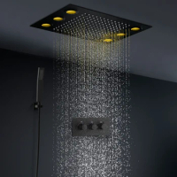 304SUS RGB Remote LED Shower Head Panel Ceiling Concealed System Constant Temperature Mixer Valve Rainfall Handheld Faucet Kit