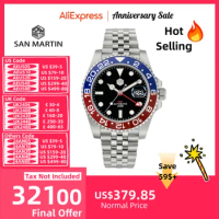 San Martin Men Automatic Mechanical Watch GMT Jubilee Bracelet Bidirectional Ceramic Bezel Sapphire Cyclops Waterproof SN0015-C