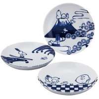小禮堂 史努比 日製 陶瓷圓盤組 沙拉盤 陶瓷盤 菜盤 YAMAKA陶瓷 (3入 藍白 富士山)