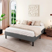 Queen Size Upholstered Platform Bed Frame, Wood Slats Support, Low Profile Bed Frame, No Box Spring Needed/Easy Assembly, Grey