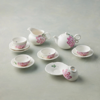 【安達窯】羊脂白 - 如意壺組釉上彩手繪牡丹花 - 14件組(茶壺+茶海+茶杯+杯托)