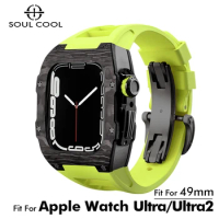 For Apple Watch 9 8 7 45m Carbon Fiber Case Protection Modification Kit For Iwatch 44mm 6 5 4 Fluororubber green Strap