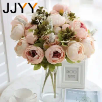 JJYY Artificial Flower Bouquet 13 Heads European Peony Silk Flowers High Quality Plastic Flowers False Daisy Accessories