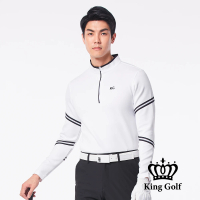 【KING GOLF】速達-網路獨賣款-三角條紋印花滾邊立領拉鍊厚款長袖POLO衫(白色)