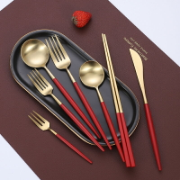 北歐式中國紅不銹鋼304牛排刀叉勺筷四件套家用西餐餐具套裝全套