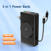 5 in 1 Power Bank 20000mAh Magnetic Wireless Charger with Cable Plug 22.5W Fast Charging for iPhone 15 Xiaomi Samsung Powerbank