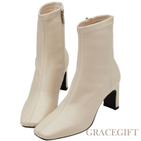 【Grace Gift】俐落方頭中高跟襪靴 米白