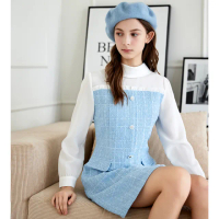 【H2O】假兩件小香風短洋裝 #3634014(米白/淺藍色)