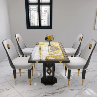 Black gold white Italian glass slate dining table, living room furniture, metal 4-seater set