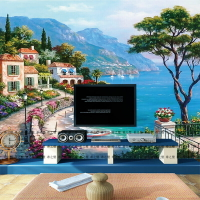電視背景墻壁紙簡約歐式地中海壁畫客廳油畫風景3D立體影視墻紙